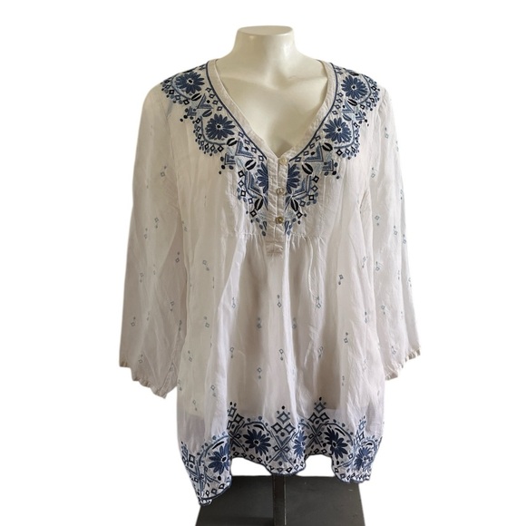 J.Jill White Blue Embroidered Boho Sheer Tunic Top Women’s S - Picture 1 of 13